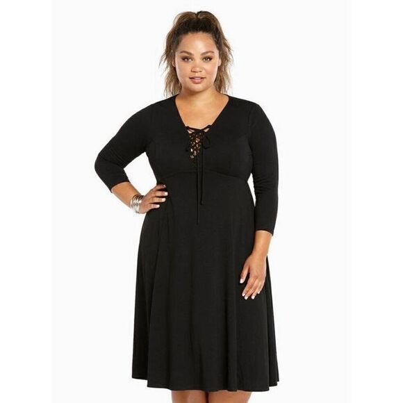 Torrid Size 00 M/L US 10 Black Midi Jersey Tie-Front Dress N11 - Picture 1 of 11